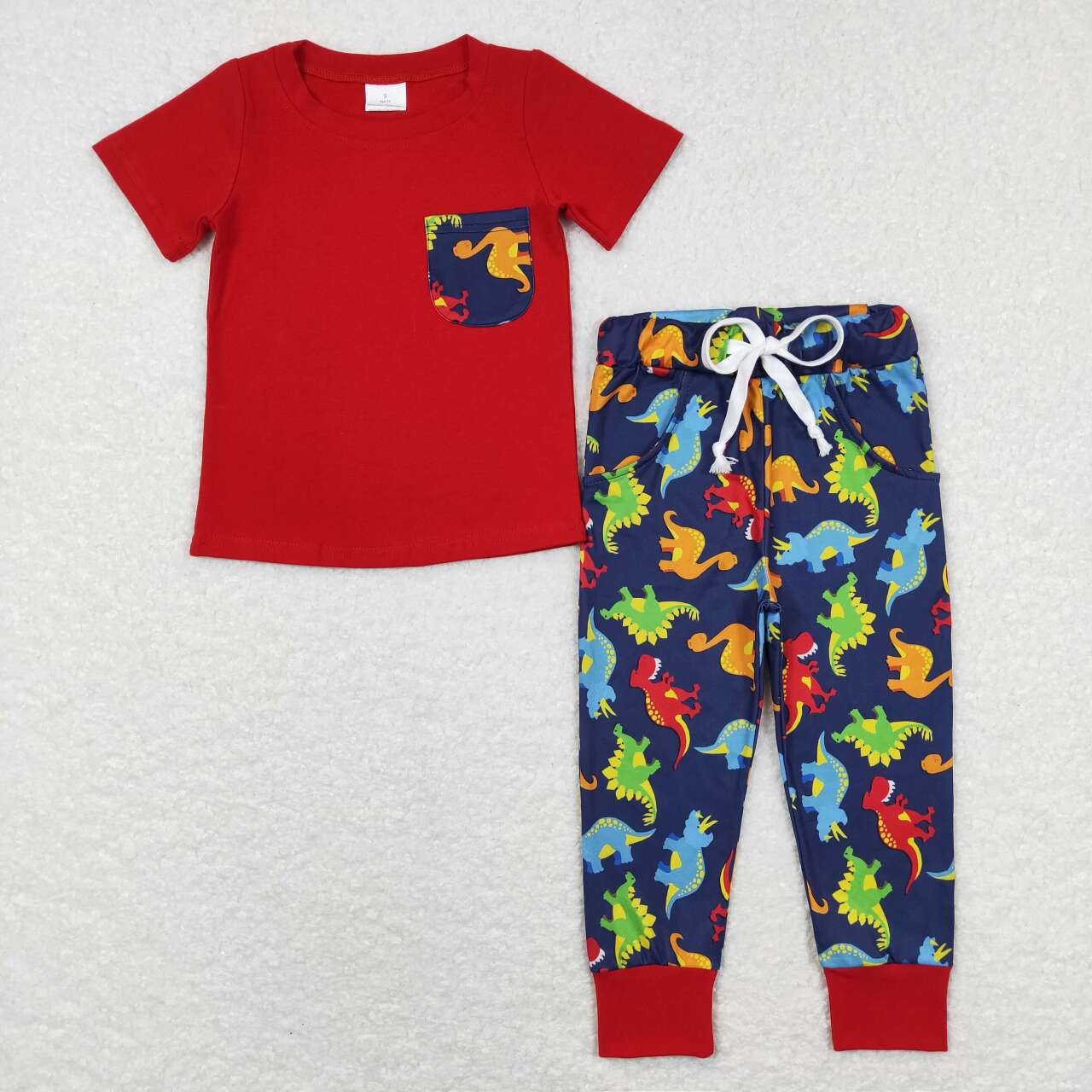 BSPO0173 Red Pocket Top Dinosaur Pants Boys Clothes Set