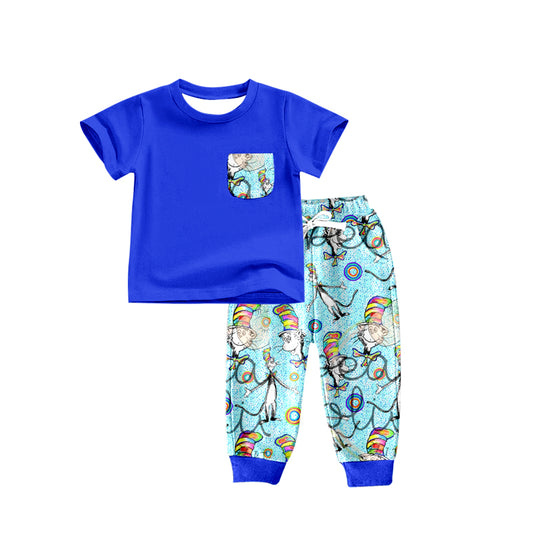 (Pre-order)BSPO0174 Blue Top Cat Print Boys Clothes Set