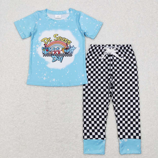 BSPO0177 Blue Dr. Reading Top Black Plaid Pants Boys Clothes Set