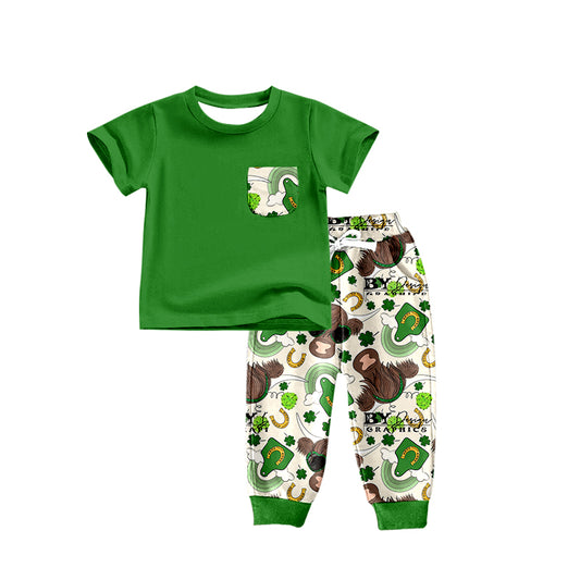 (Pre-order)BSPO0183 Green Highland Cow Rainbow Print Boys St. Patrick's Clothes Set