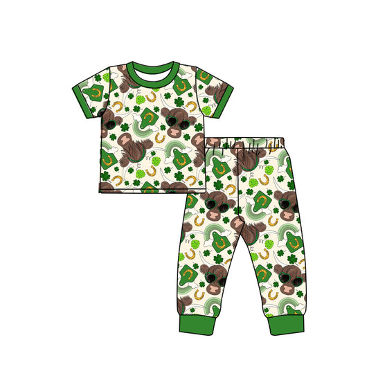 (Pre-order)BSPO0184 Green Highland Cow Rainbow Print Boys St. Patrick's Pajamas Clothes Set