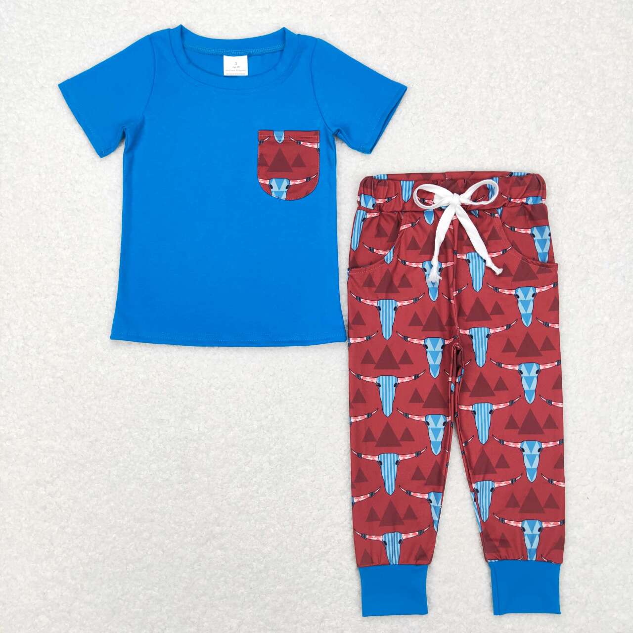 BSPO0188 Blue Pocket Top Cow Skull Pants Boys Western Clothes Set