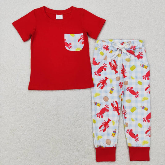 BSPO0189 Red Top Crawfish Print Boys Clothes Set