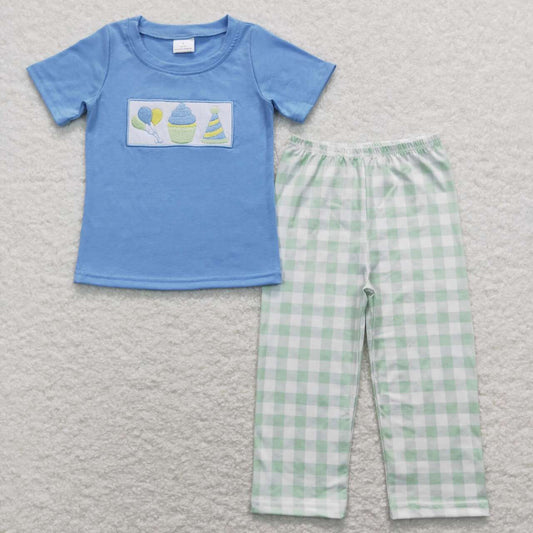 BSPO0190 Balloon Cake Hat Embroidery Blue Top Green Plaid Pants Boys Happy Birthday Clothes Set