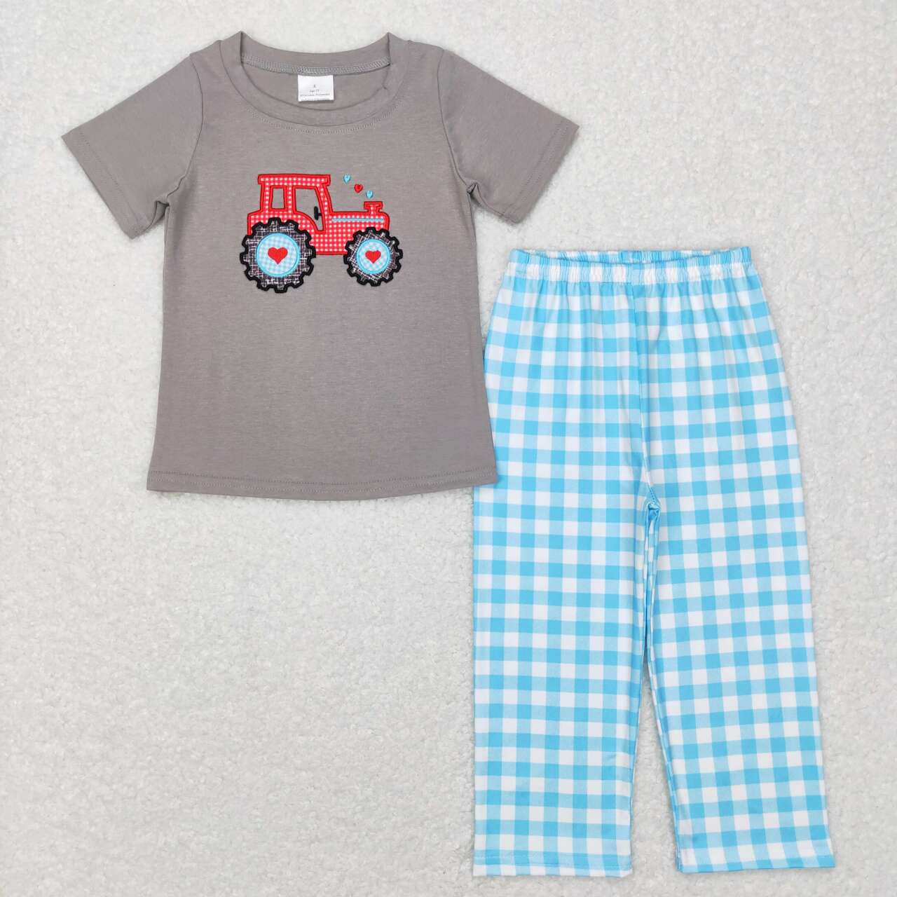 BSPO0193 Tractor Heart Embroidery Grey Top Blue Plaid Pants Boys Valentine's Clothes Set