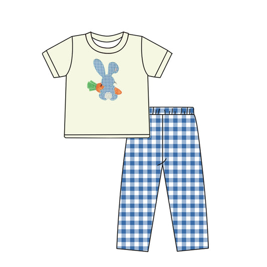 (Pre-order)BSPO0197 Bunny Carrot Top Blue Plaid Pants Boys Easter Clothes Set
