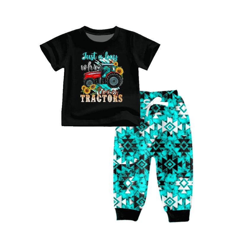 (Pre-order)BSPO0203 Just A Boy Who Loves Tractors Aztec Print Boys Clothes Set