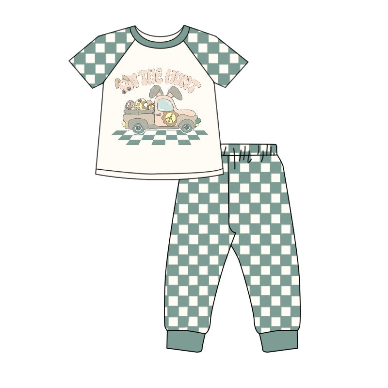 (Pre-order)BSPO0211 Egg Truck Pink Checkered Pants Boys Easter Clothes Set