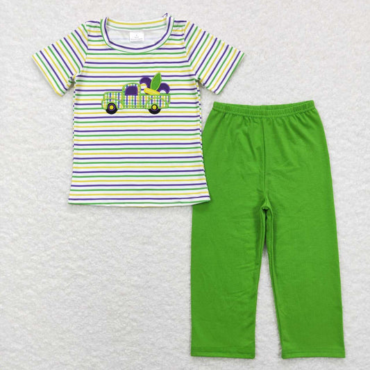 BSPO0215 Truck Hat Embroidery Print Top Green Pants Boys Mardi Gras Clothes Set