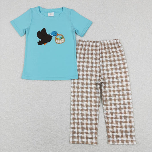 BSPO0216 Duck Egg Embroidery Blue Top Plaid Pants Boys Easter Clothes Set