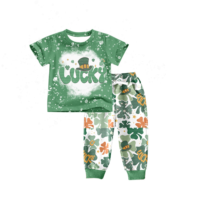 (Pre-order)BSPO0223 Green LUCKY Hat Print Boys St. Patrick's Clothes Set