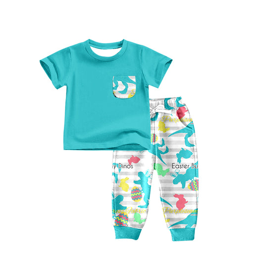 (Pre-order)BSPO0230 Blue Dino Egg Print Boys Easter Clothes Set