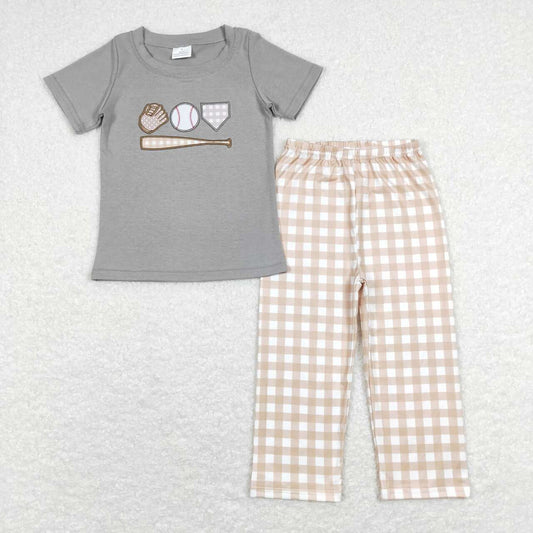 BSPO0244 Grey Baseball Embroidery Top Plaid Pants Boys Clothes Set