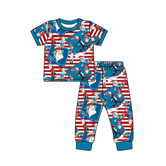 (Pre-order)BSPO0245 Blue Dr. Reading Cat Print Boys Pajamas Clothes Set