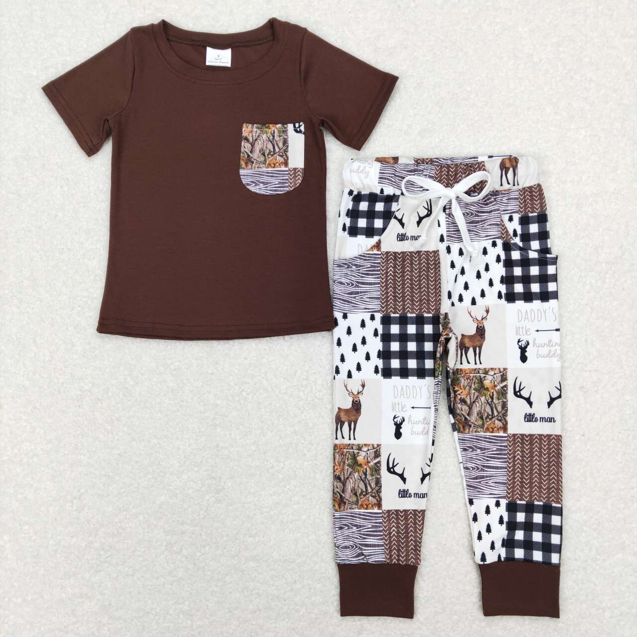 BSPO0250 Brown Pocket Top Deer Camo Print Boys Hunting Clothes Set