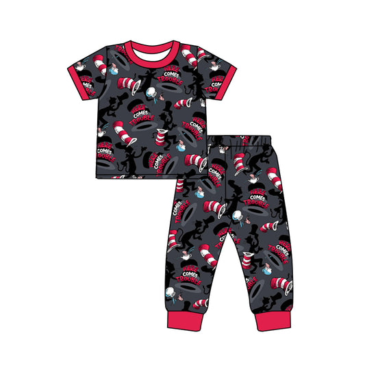 (Pre-order)BSPO0257  Black Cartoon Cat Dr. Reading Print Boys Pajamas Clothes Set