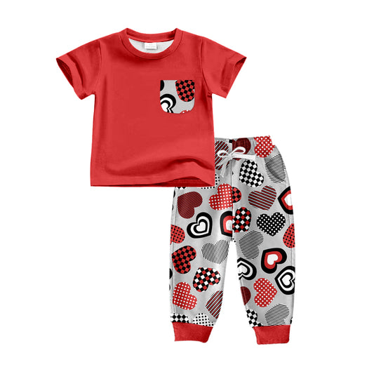 (Pre-order)BSPO0259  Red Pocket Top Heart Print Pants Boys Valentine's Clothes Set