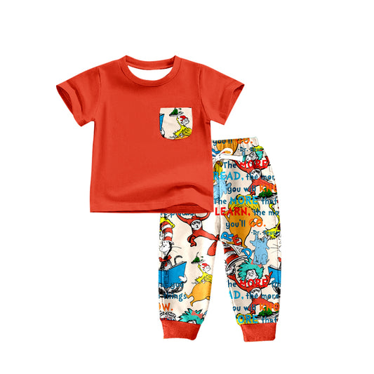 (Pre-order)BSPO0260  Red Pocket Top Cartoon Cat Dr. Reading Print Pants Boys Clothes Set