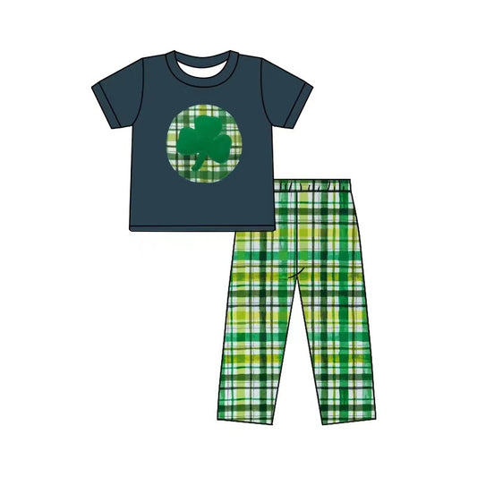 (Pre-order)BSPO0263  Green Quatrefoil Print Top Plaid Pants Boys St. Patrick's Clothes Set