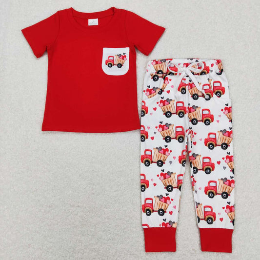 BSPO0267 Red Pocket Top Construction Heart Pants Boys Valentine's Clothes Set