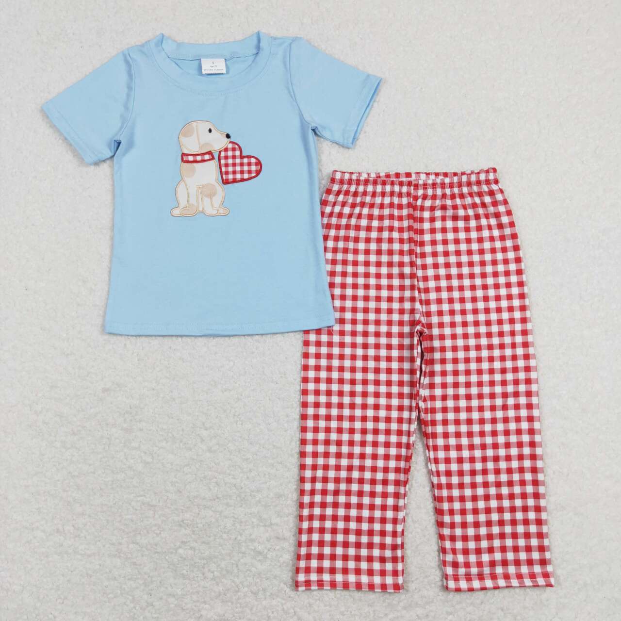 BSPO0269 Dog Heart Embroidery Blue Top Red Plaid Pants Boys Valentine's Clothes Set