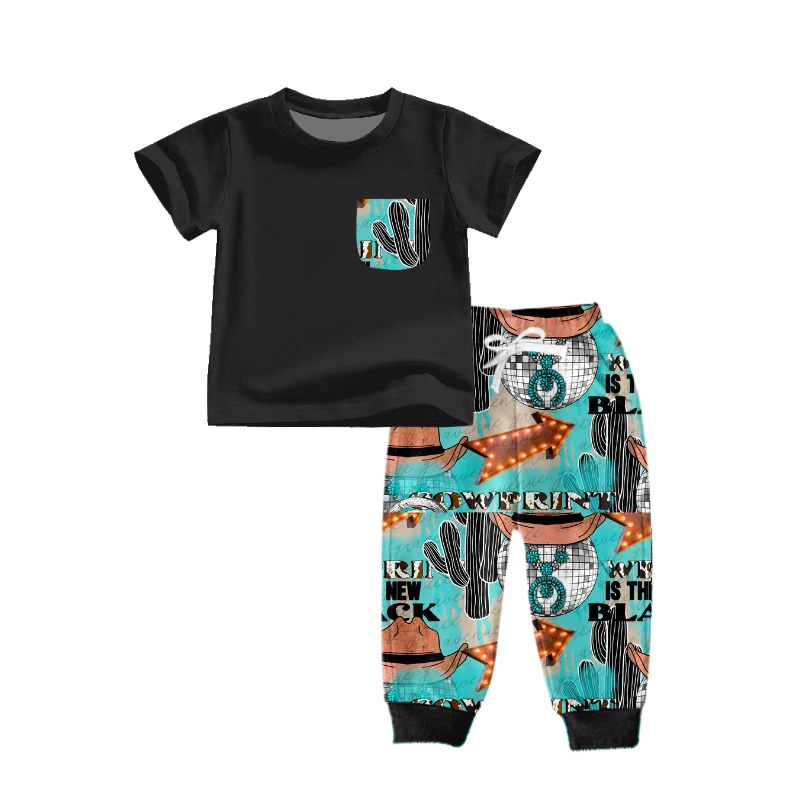 (Pre-order)BSPO0270 Black Pock Top Cowboy Cactus Pants Boys Western Clothes Set