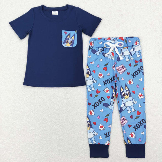 BSPO0271 Dark Blue Pock Top Cartoon Dog Heart Pants Boys Valentine's Clothes Set