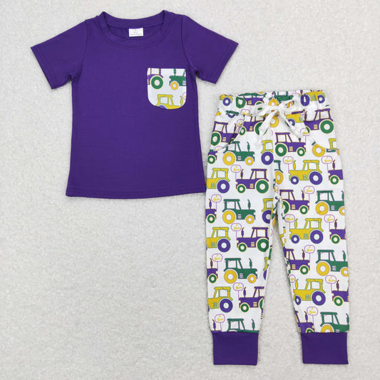 BSPO0278 Purple Pocket Top Tractors Pants Boys Mardi Gras Clothes Set