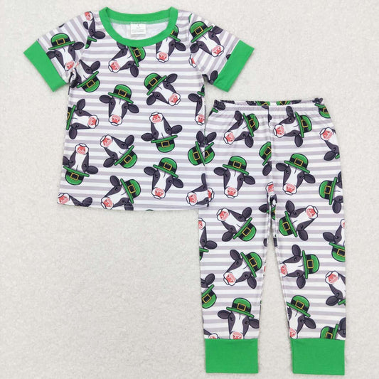 BSPO0279 Cow Green Hat Print Boys St. Patrick's Pajamas Clothes Set