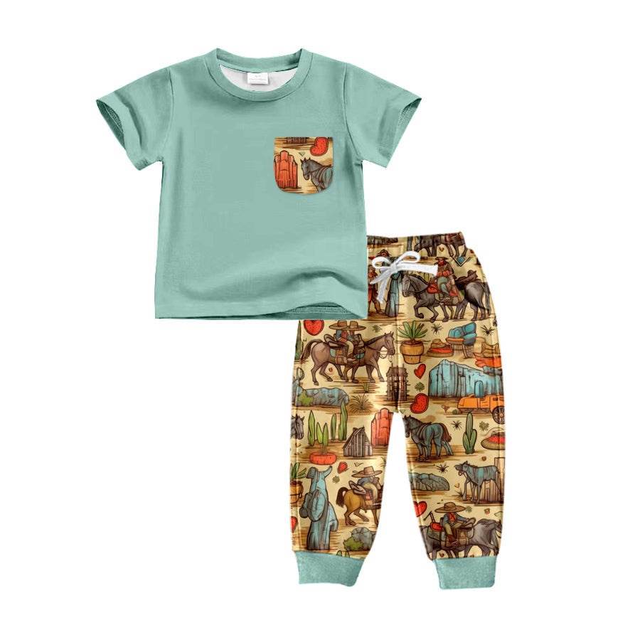 (Pre-order)BSPO0282 Green Pocket Top Cowboy Pants Boys Western Clothes Set