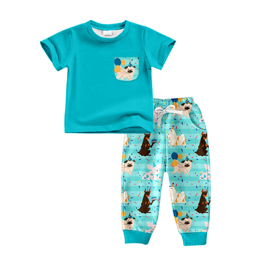 (Pre-order)BSPO0284 Blue Pocket Top Dog Balloon Print Pants Boys Happy Birthday Cothes Set