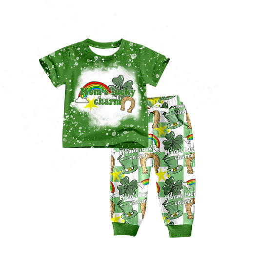 (Pre-order)BSPO0285 Mom's Lucky Charm Green Quatrefoil Print Boys St. Patrick's Cothes Set