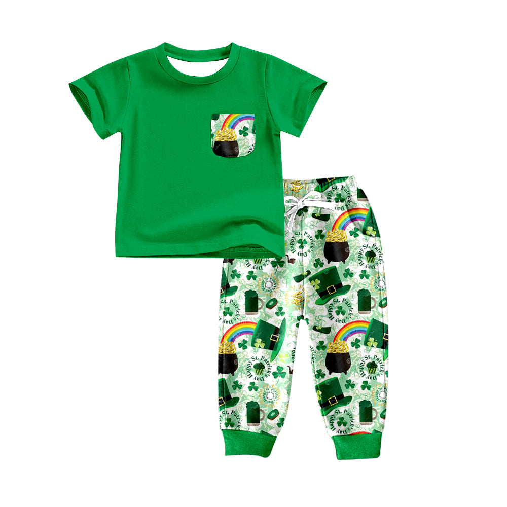 (Pre-order)BSPO0286  Green Pocket Top Quatrefoil Hat Gold Print Boys St. Patrick's Cothes Set