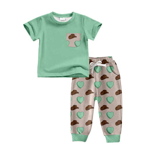 (Pre-order)BSPO0297 Green Pocket Top Heart Hat Pants Boys Clothes Set