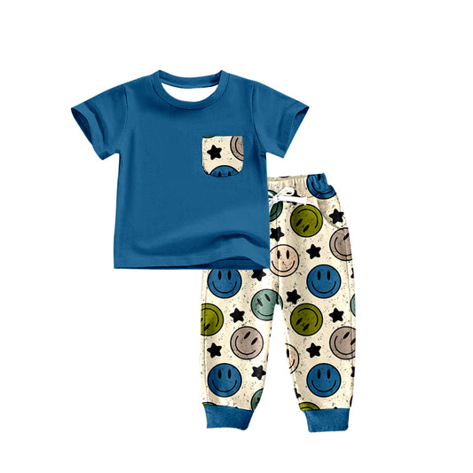 (Pre-order)BSPO0304 Dark Blue Pocket Top Smiling Face Pants Boys Clothes Set