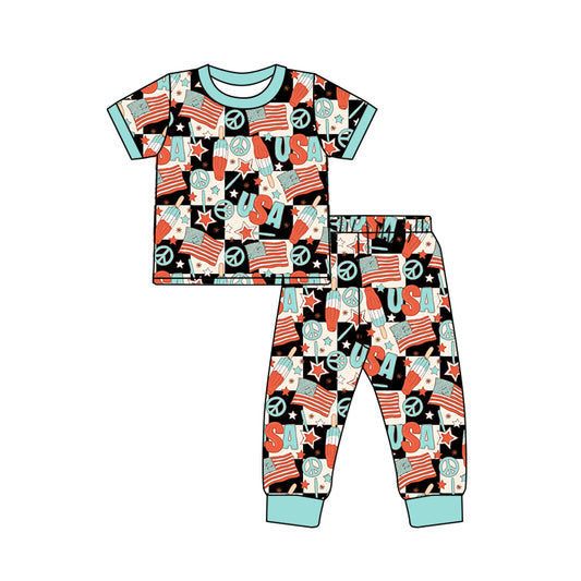 (Pre-order)BSPO0316 USA Flag Star Print Boys 4th of July Pajamas Clothes Set