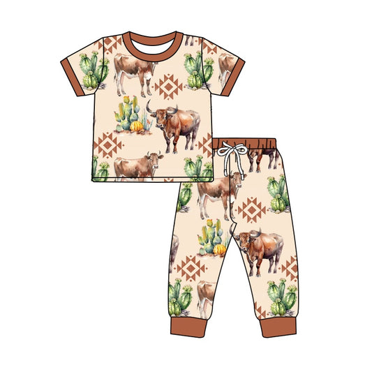 (Pre-order)BSPO0329 Cactus Cow Aztec Print Boys Pajamas Clothes Set