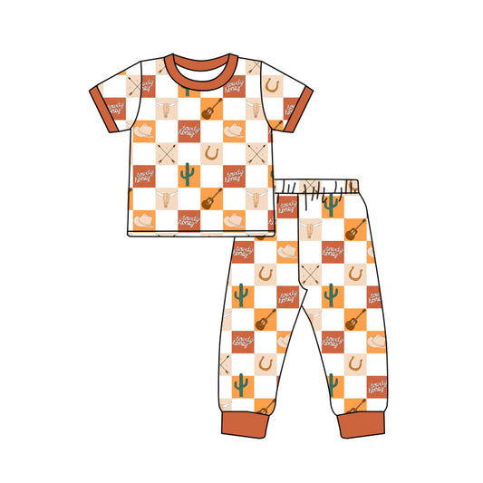 (Pre-order)BSPO0353  Brown Western Print Boys Pajamas Clothes Set