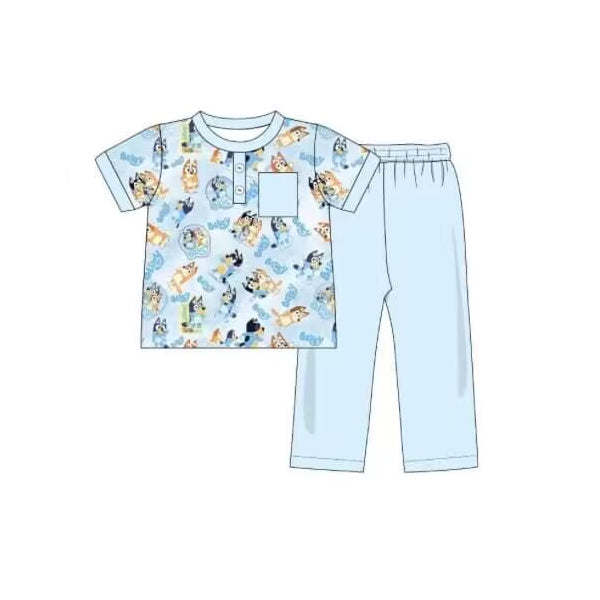 (Pre-order)BSPO0361 Cartoon Dog Print Pocket Polo Top Blue Pants Boys Clothes Set