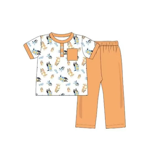 (Pre-order)BSPO0363 Cartoon Dog Print Pocket Polo Top Orange Pants Boys Clothes Set