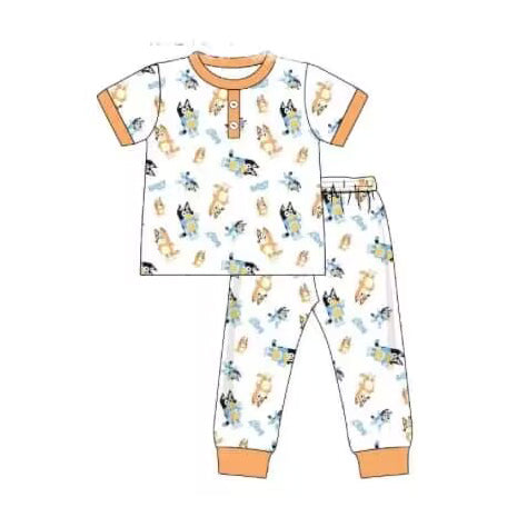 (Pre-order)BSPO0364 Orange Cartoon Dog Print Boys Pajamas Clothes Set