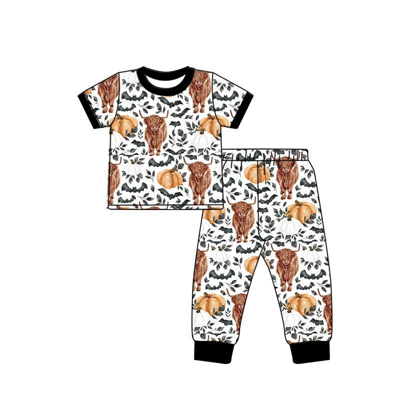 (Pre-order)BSPO0365 Highland Cow Pumpkin Print Boys Fall Pajamas Clothes Set