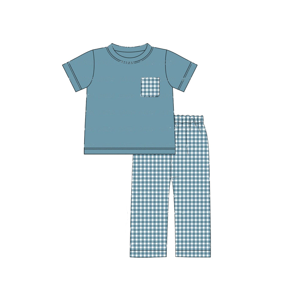 (Pre-order)BSPO0367 Grey Blue Pocket Top Plaid Pants Boys Fall Clothes Set