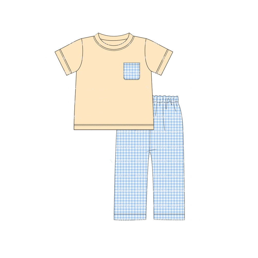 (Pre-order)BSPO0368 Yellow Pocket Top Plaid Pants Boys Fall Clothes Set