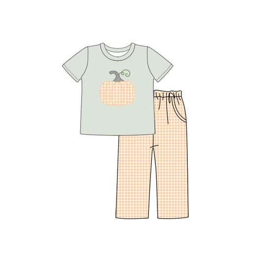 (Pre-order)BSPO0370 Pumpkin Top Orange Plaid Pants Boys Fall Clothes Set