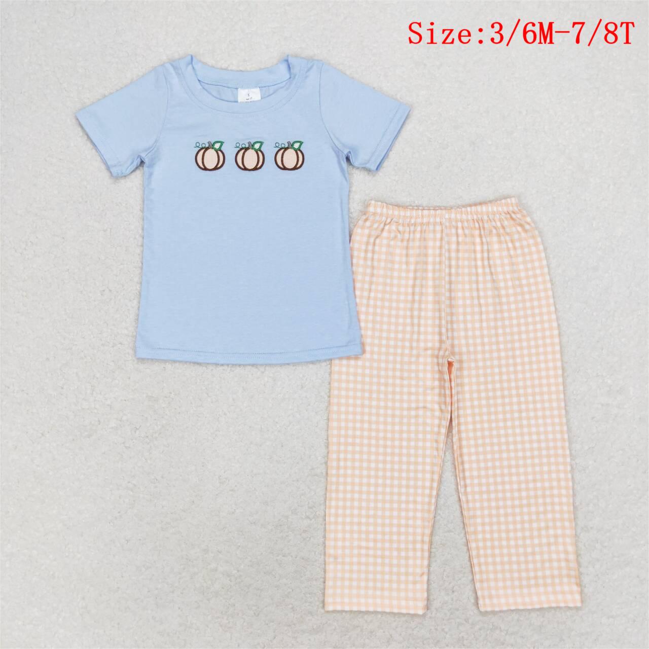 BSPO0371 Pumpkin Embroidery Blue Top Plaid Pants Boys Fall Clothes Set