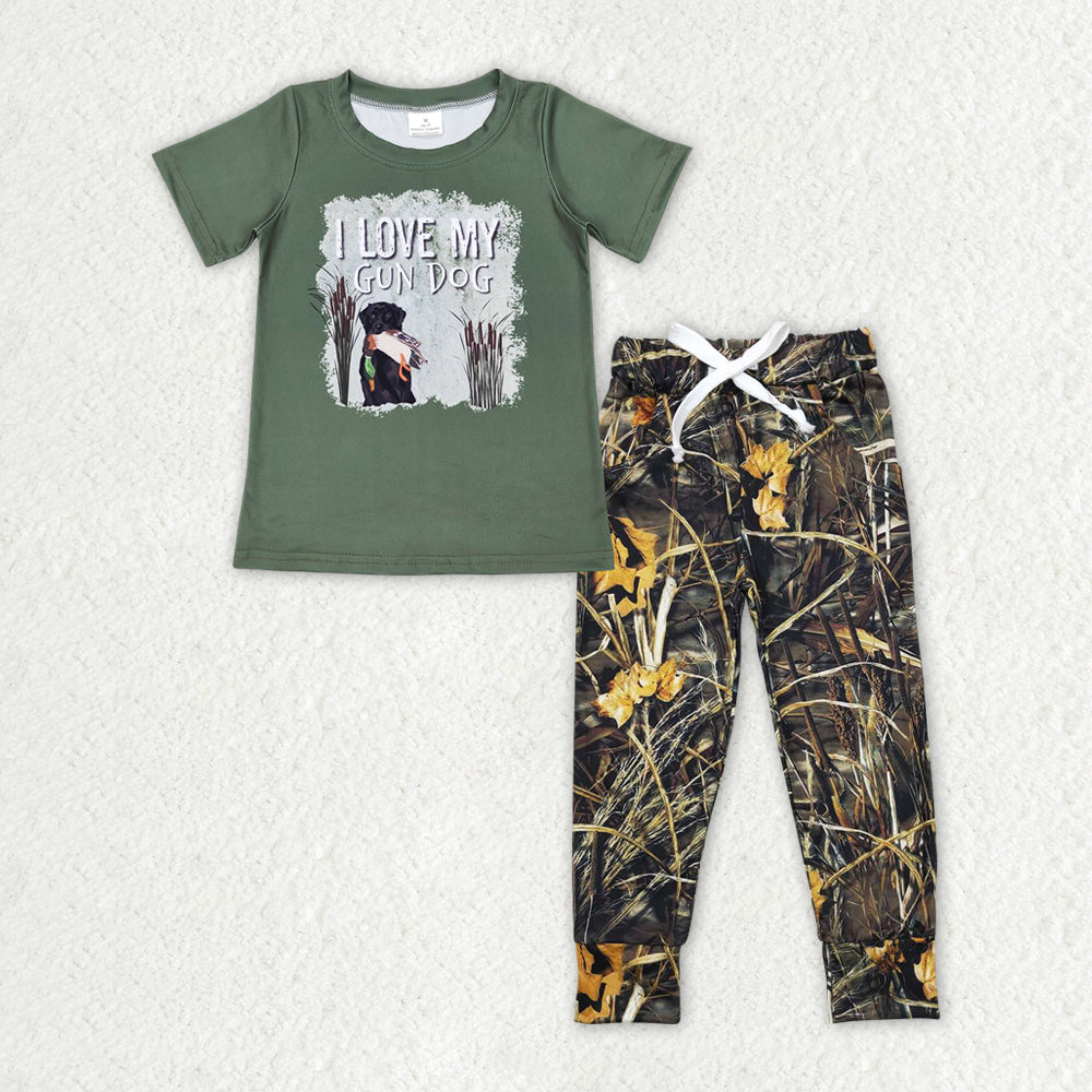 BSPO0378  I Love My Gun Dog Green Top Branch Camo Pants Boys Clothes Set