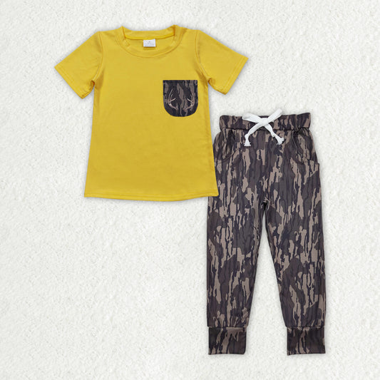 BSPO0379  Yellow Camo Deer Pocket Top Camo Pants Boys Clothes Set