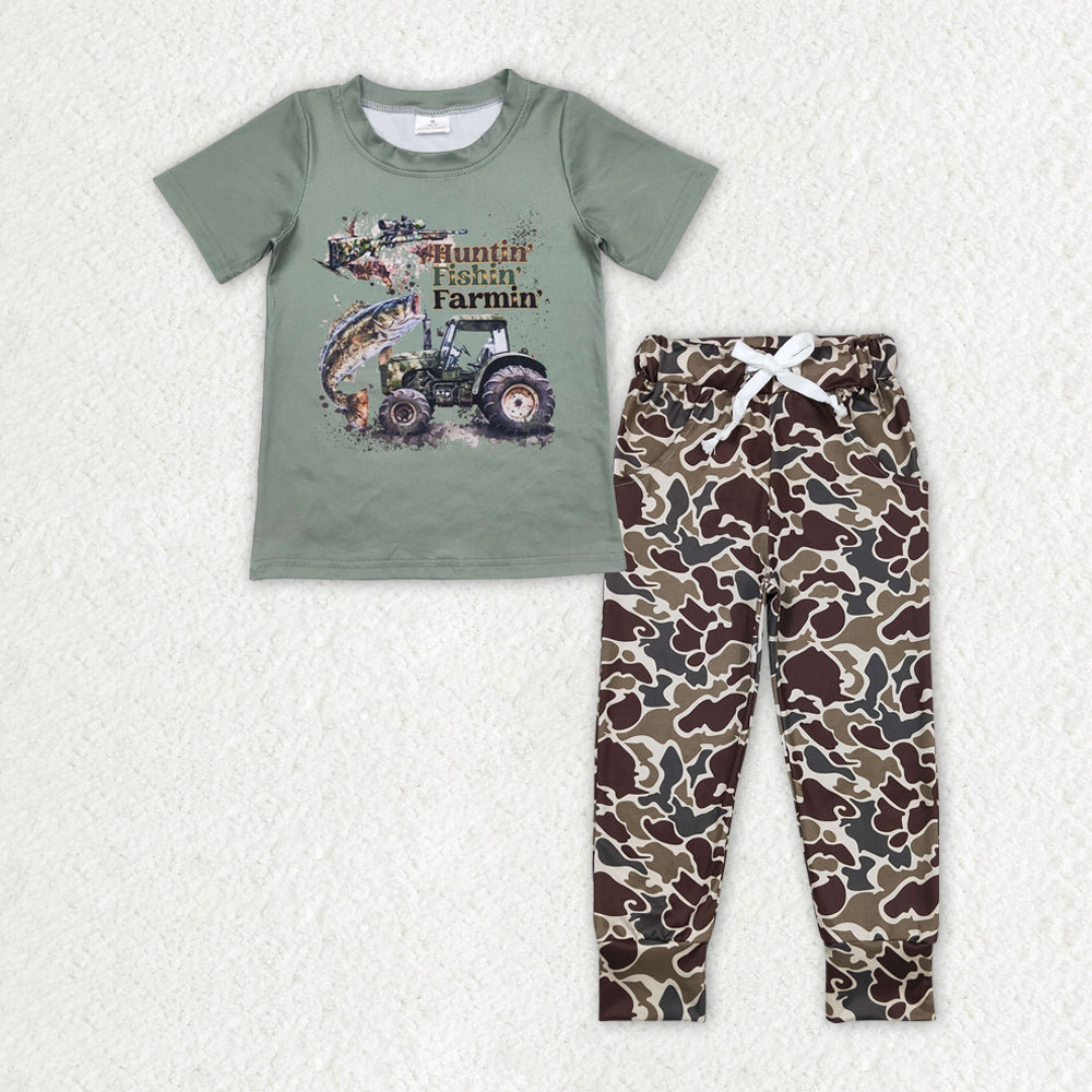 BSPO0380  Huntin' Fishin' Farmin' Top Brown Camo Pants Boys Clothes Set