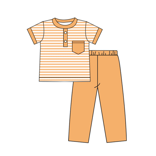 (Pre-order)BSPO0382 Stripes Polo Top Orange Pants Boys Fall Clothes Set